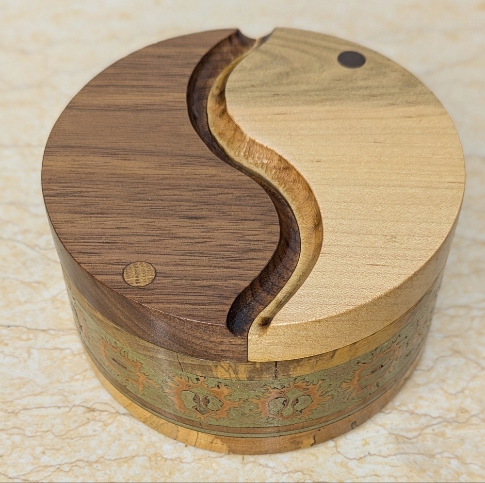 Vintage Ying Yang Wooden Handcrafted Treasure Jewelry Lined Box